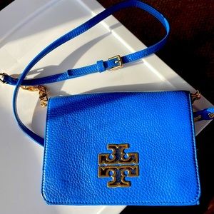 Tory Burch Britten blue purse - royal cobalt blue crossbody with gold accents